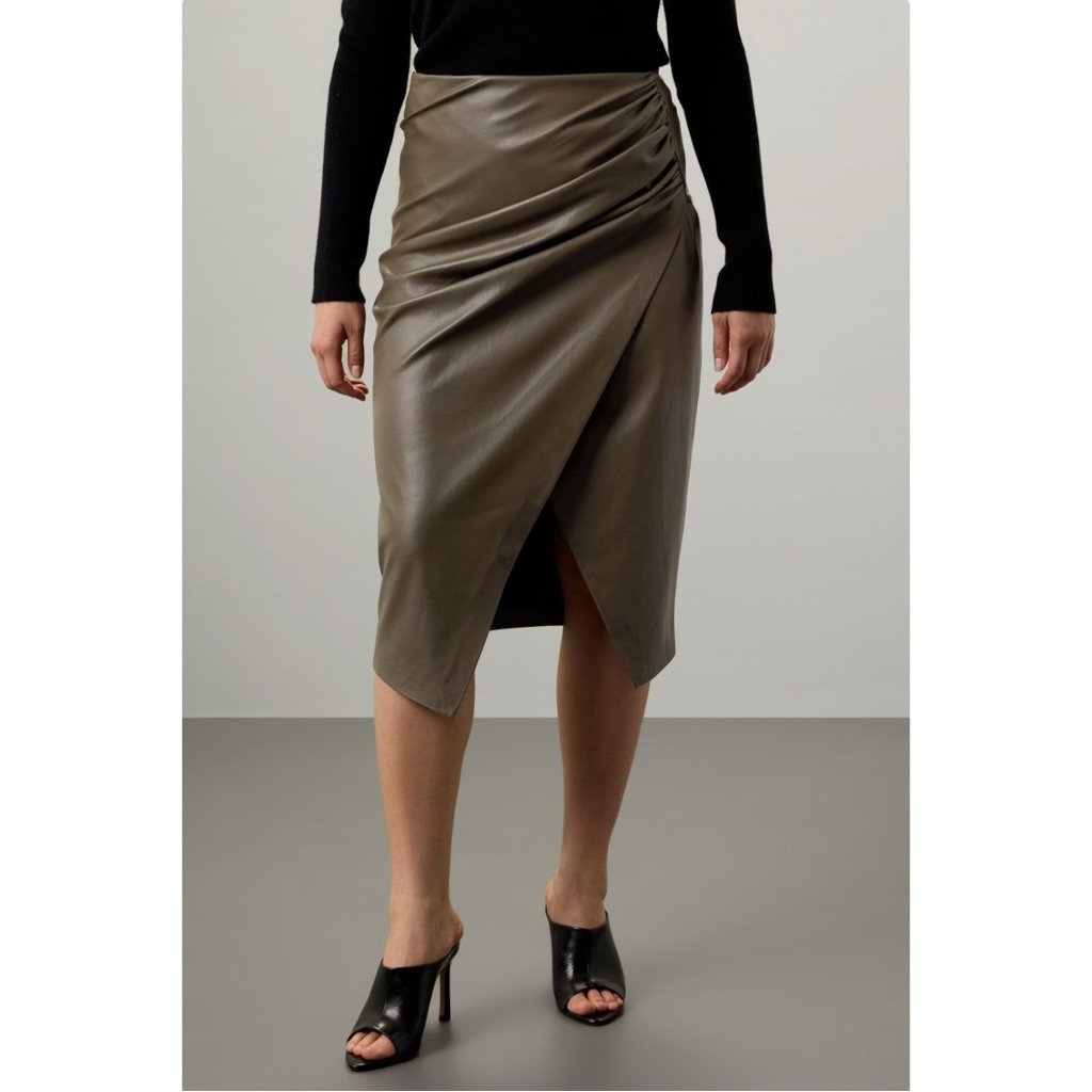 Jason Wu Gray Brown Vegan Faux Leather Ruched Midi Pencil Skirt Sz 14